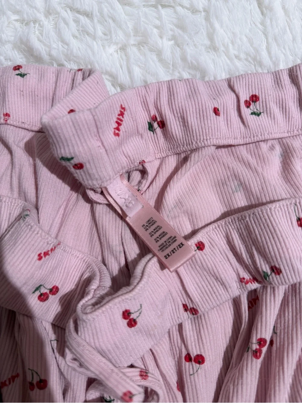SKIMS 2X Cherries Print Pajama Sleep Matching Set Long Sleeve Pants Ribbed Soft